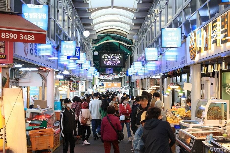 강릉 중앙시장 안쪽의 활기찬 먹거리 골목